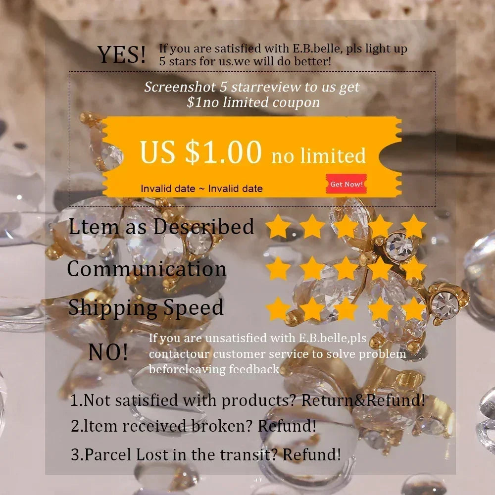 E.B.belle New White Rhinestone Crown Ring  Tarnish Free Hypollergenic Stainless Steel Jewelry 18k Gold Plated For Women Girls