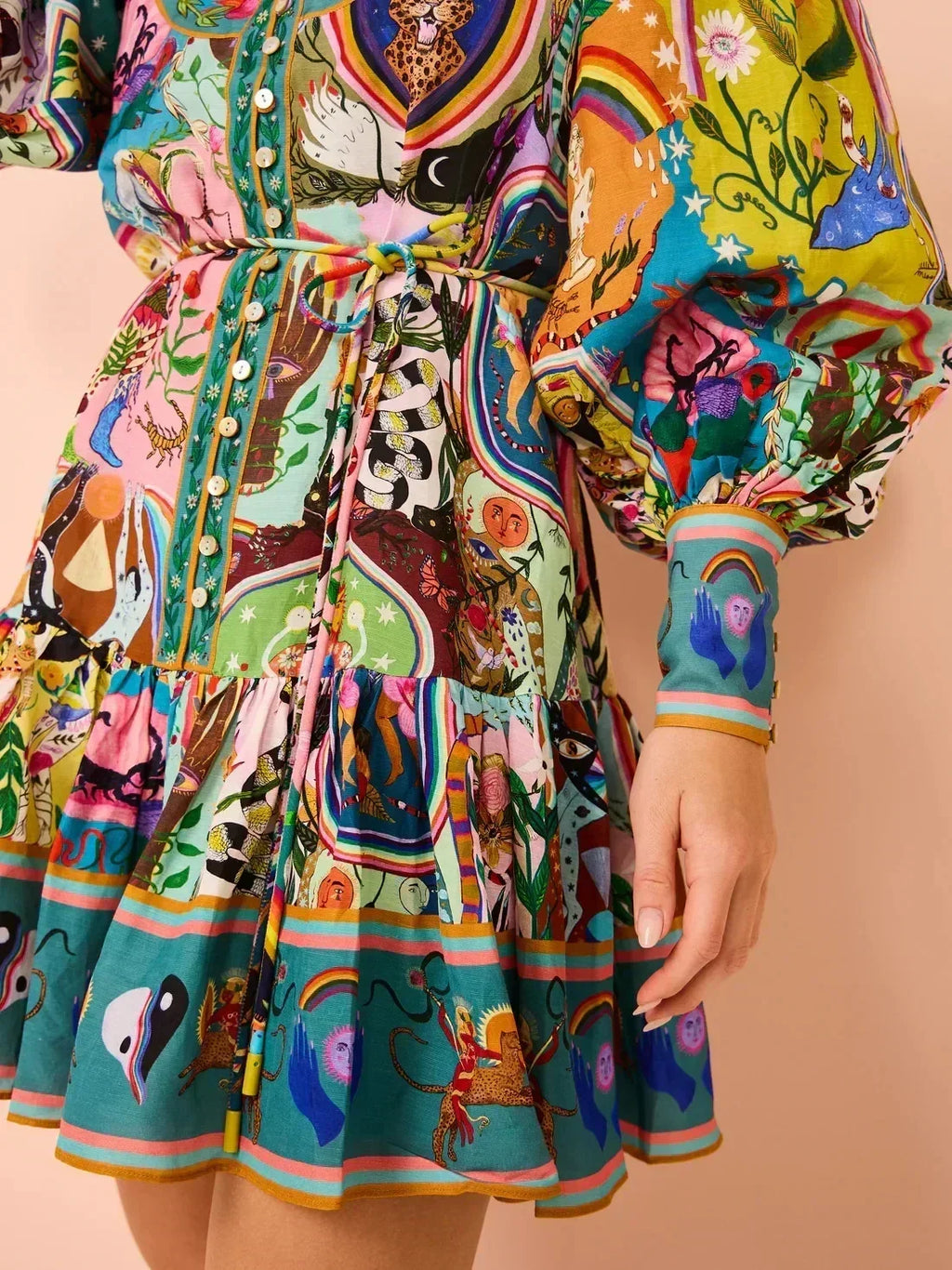 2025 printed round neck cinched waist strap pleated ruffle edge retro pleated dress cardigan temperament versatile dress