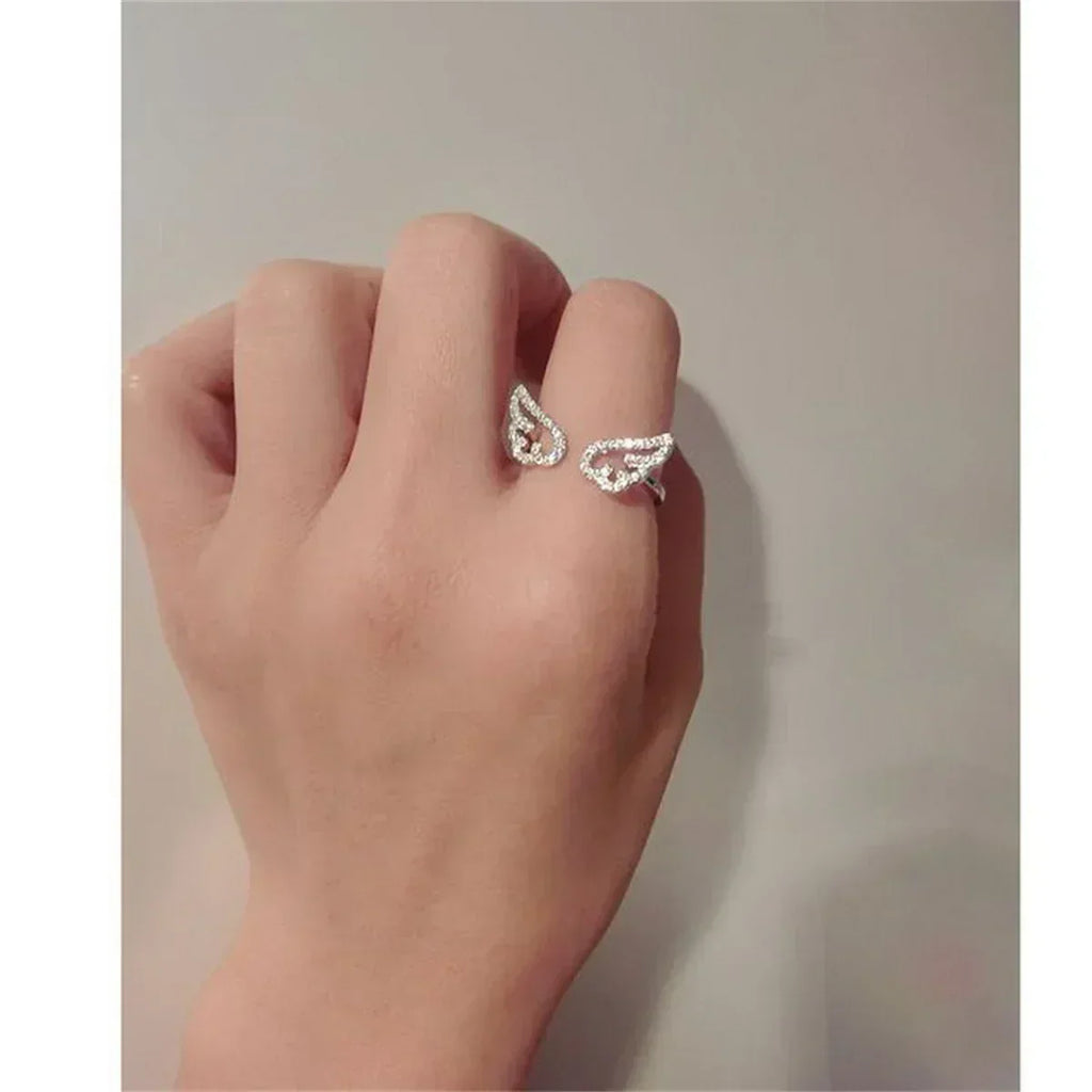 Korean Light Luxury Zircon Angel Wings Ring Elegant Silver Color Adjustable Finger Rings For Women Party Birthday Jewelry Gift