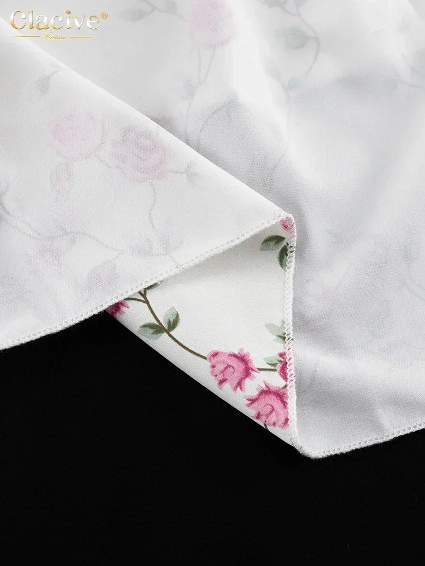 Clacive Summer Slim Print Women's Dress 2024 Sexy V-Neck Short Sleeve Mini Dresses Elegant High Waist Pleated Female Dress