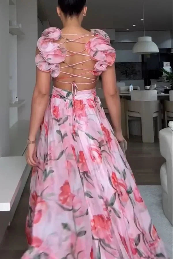 2025 Sexy Printed Chiffon Long Dress Summer Fashion Elegant V Neck Ruffles Edge Slim Vacation Sleeveless Backless Party Dresses
