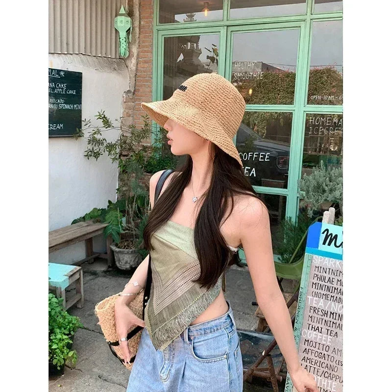 2025 Letter Sun Hat for Women Straw Beach Hats Women Large Wide Brim  Foldable Hat  Fashion Designer Outdoor Korean Bucket Hat