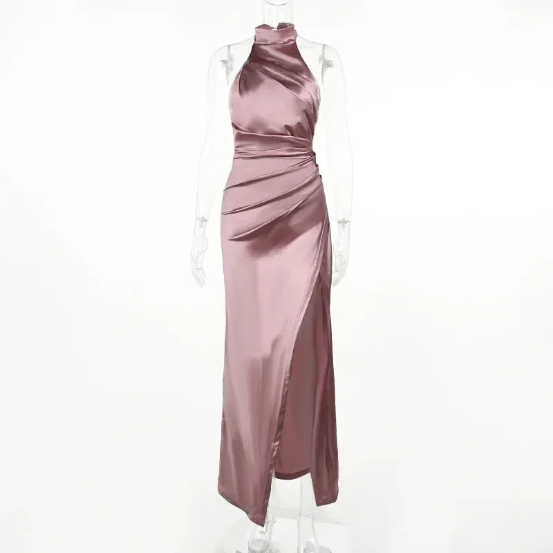 Ladies Summer Satin Evening Birthday Party Dresses Women Sleeveless Backless Halter Side Slit Elegant Long Dress Mowan Clothes
