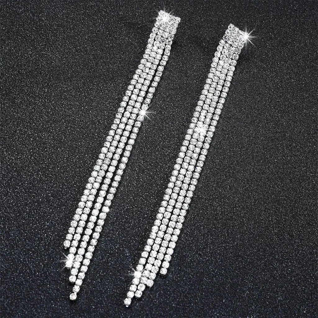 TREAZY Shiny 4 Lines  Rhinestone Crystal Tassel Long Earrings for Women Wedding Party Hanging Dangle Earrings Bridal Brincos