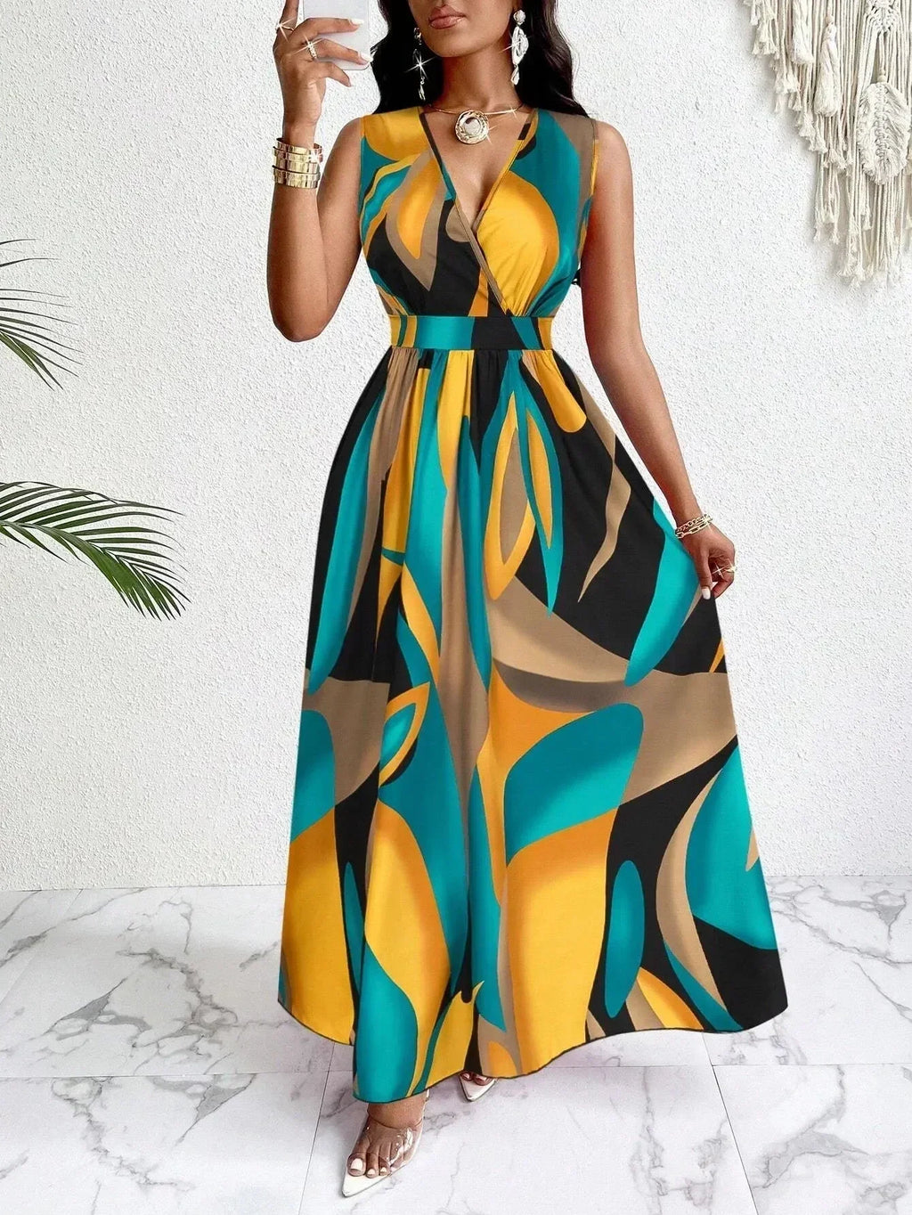 Women's sleeveless V-neck floor-length dress with abstract prints - fashionable for beach and casual occasions