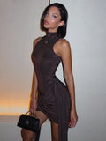 Turtleneck Sleeveless Mini Dress | Ruched Asymmetrical Party Dress - Femstylo