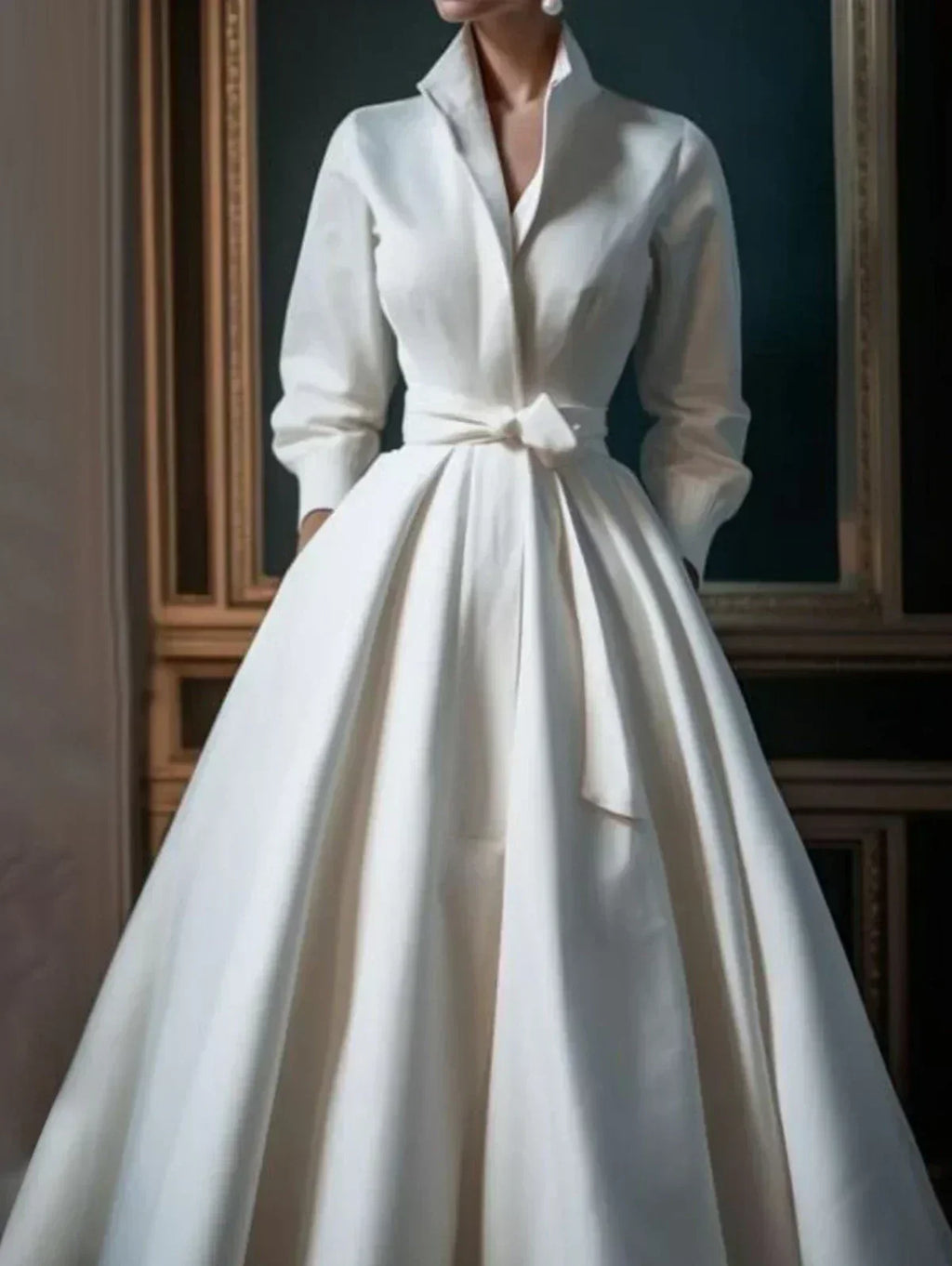 Elegant Women's Solid Color Stand Collar Shirt Dress Casual Mid-Length Waisted Evening Party Dress for Women 2024