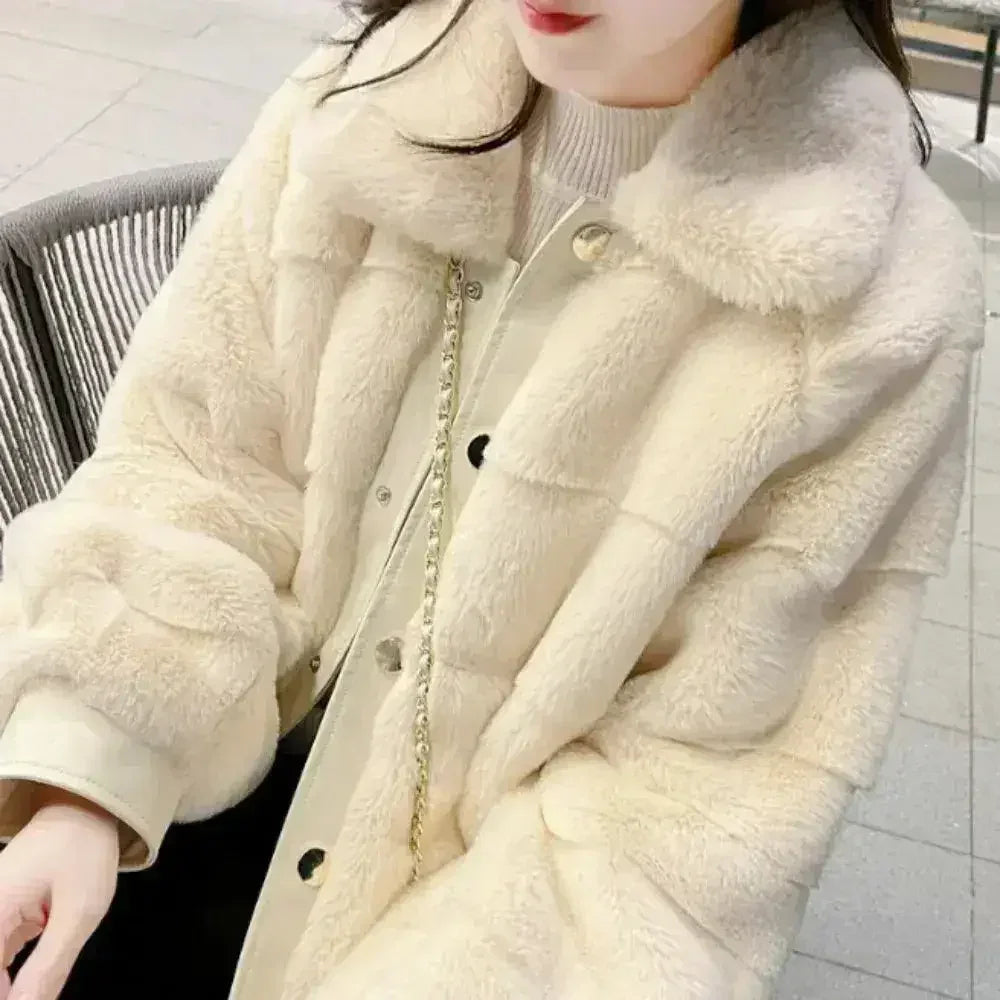 White Faux Fur Jacket – Vegan Leather Trimmed Cuffs | S-XXL