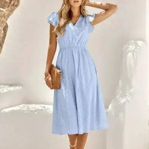 Women V Neck Ruffle Sleeve Summer Dress - Femstylo