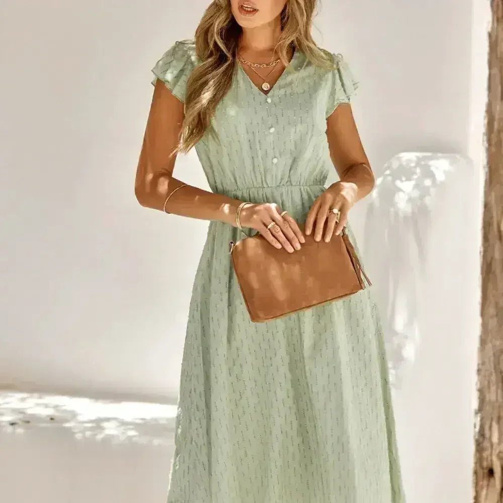 Women V Neck Ruffle Sleeve Summer Dress - Femstylo