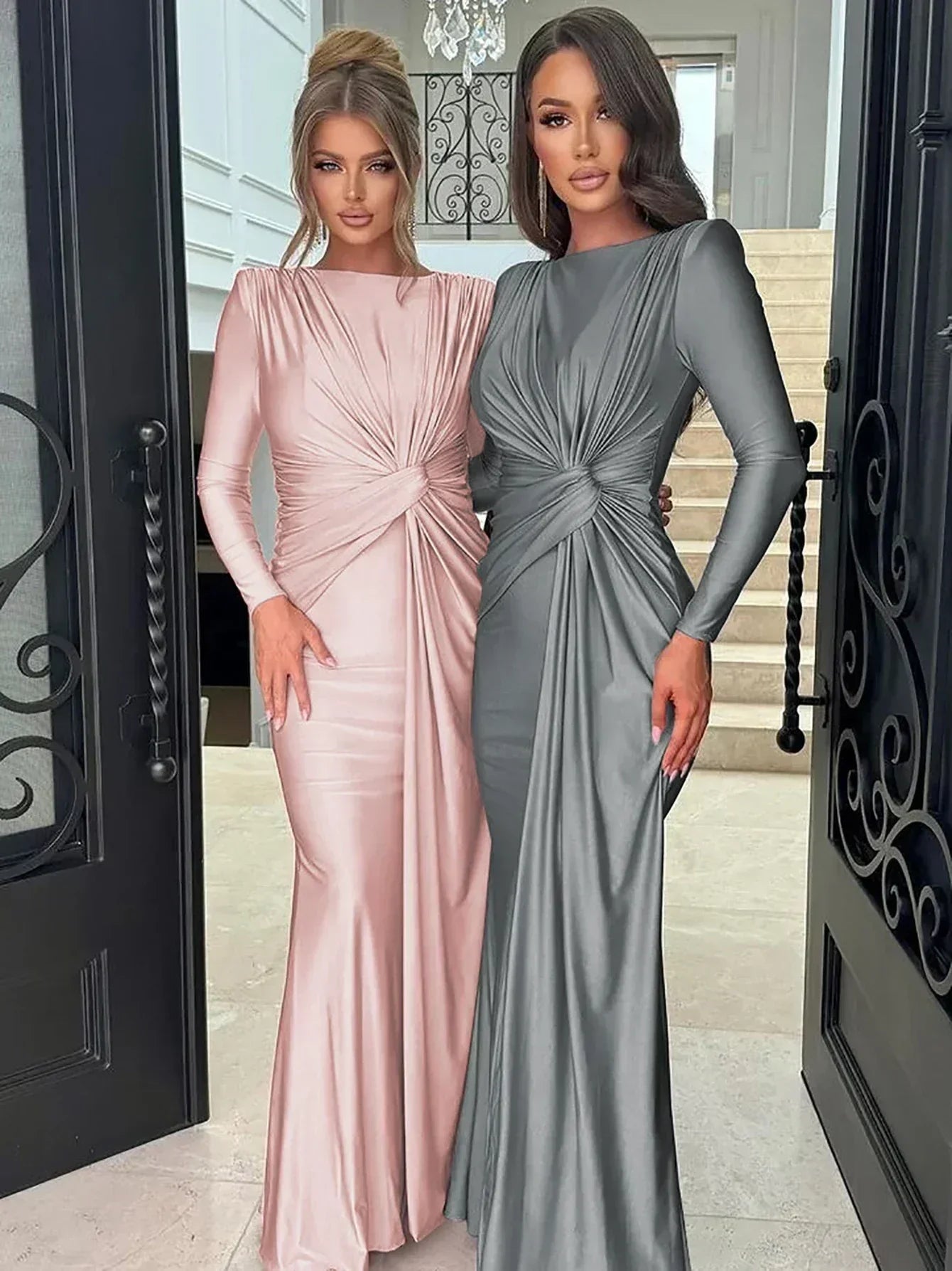 Dulzura Long Sleeves Shoulder Pad Ruched Maxi Dress Solid Elegant Prom Evening Party Long Dress Women’S Autumn Winter Outfit