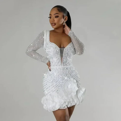 2025 Party Dresses Beading Diamond Long Sleeves Ruffles for women Shiny Elegant Wedding Guest Gown Occasion Celebrate Birthday