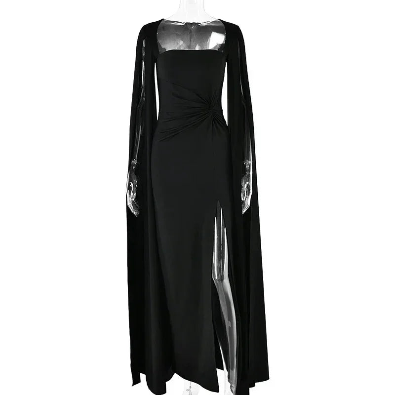 Mozision Long Cape Sleeve Split Maxi Dress For Women Gown Fashion Solid Square Collar Evening Sexy Long Dress Elegant New