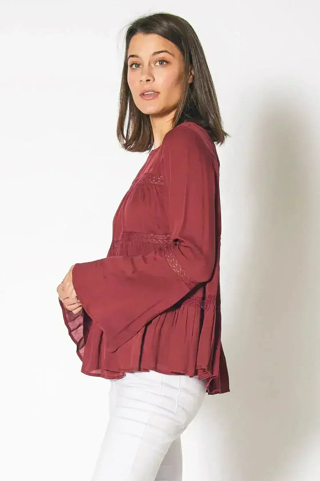 Bell Sleeve Tiered Blouse – Red Cordovan Polyester Women Top