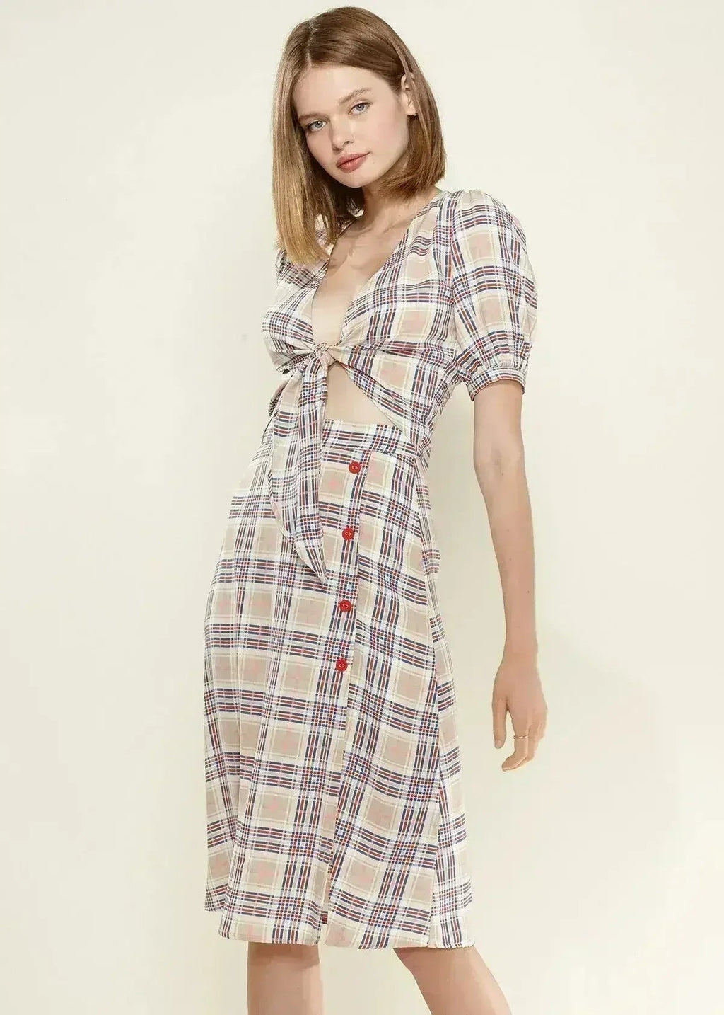 Women's Multi Check Tie Hem Blouse in Multiplaid | Femstylo