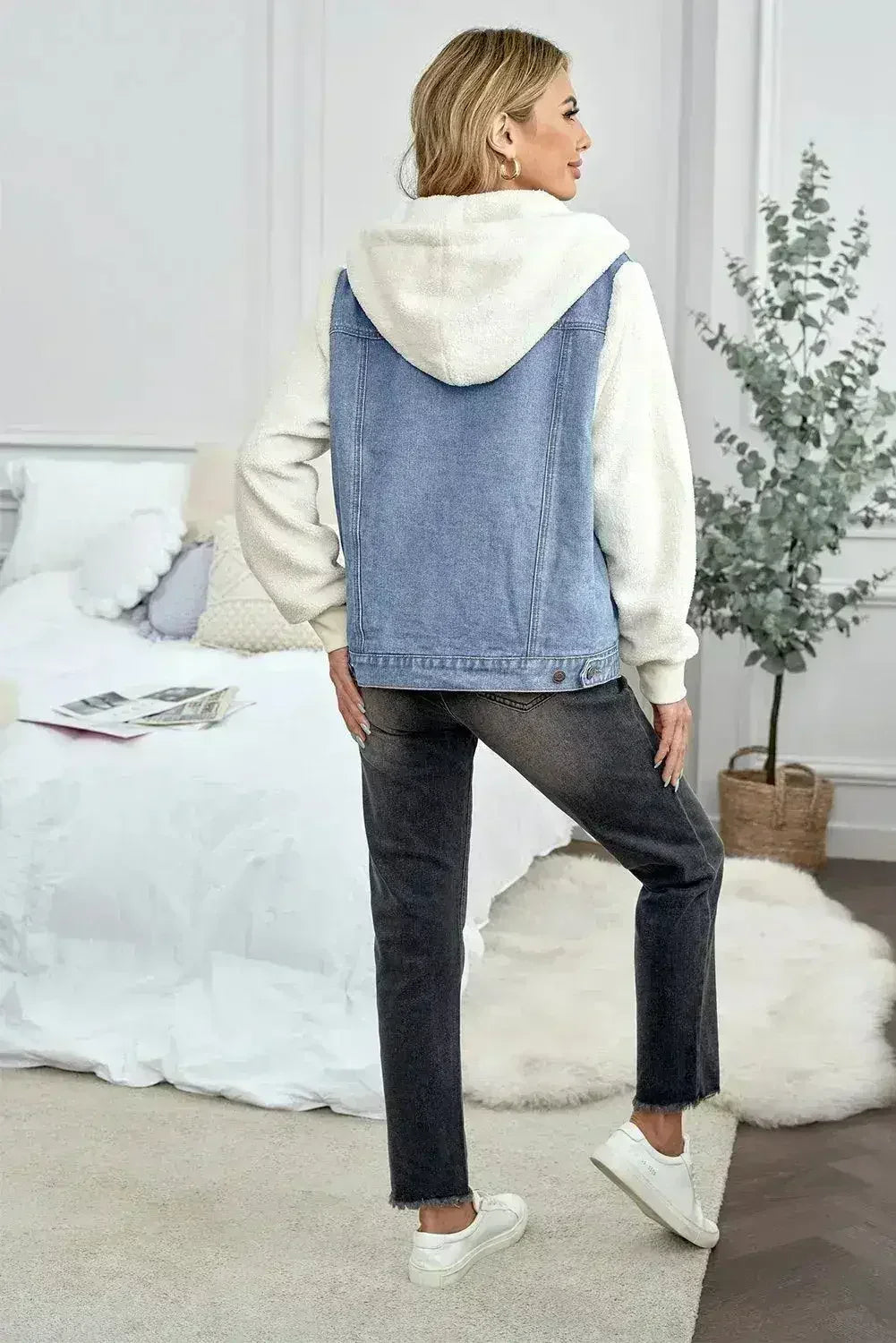 Sky Blue Sherpa Denim Jacket - Button-Up Patchwork Coat | Femstylo