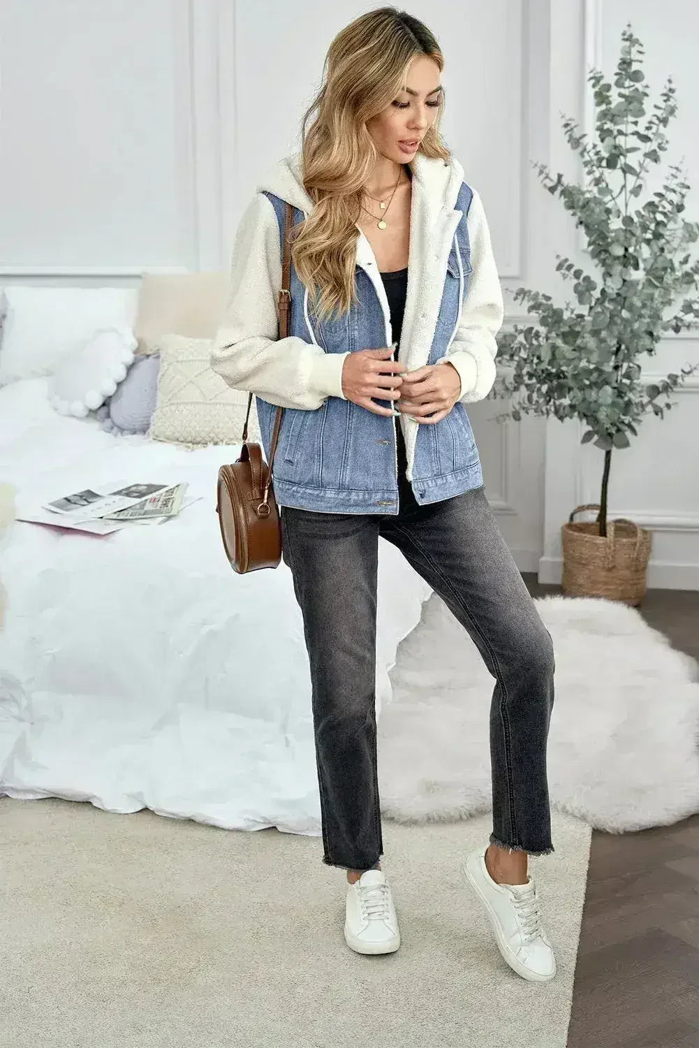 Sky Blue Sherpa Denim Jacket - Button-Up Patchwork Coat | Femstylo