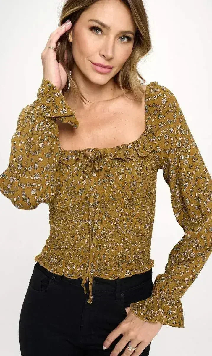 Floral Smocked Long Sleeve Top - Ruffle Neck Blouse in Mauve & Mustard | Femstylo