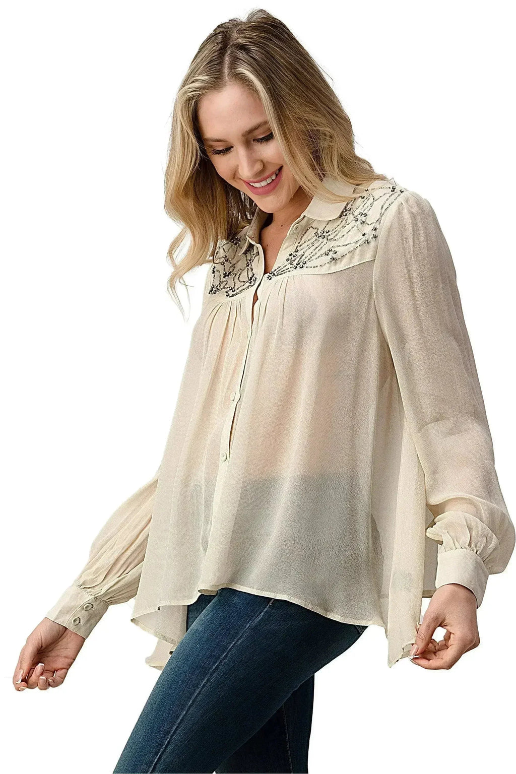 Embroidered Sheer Blouse - Beaded Jewel Trim Button-Up Top | Femstylo