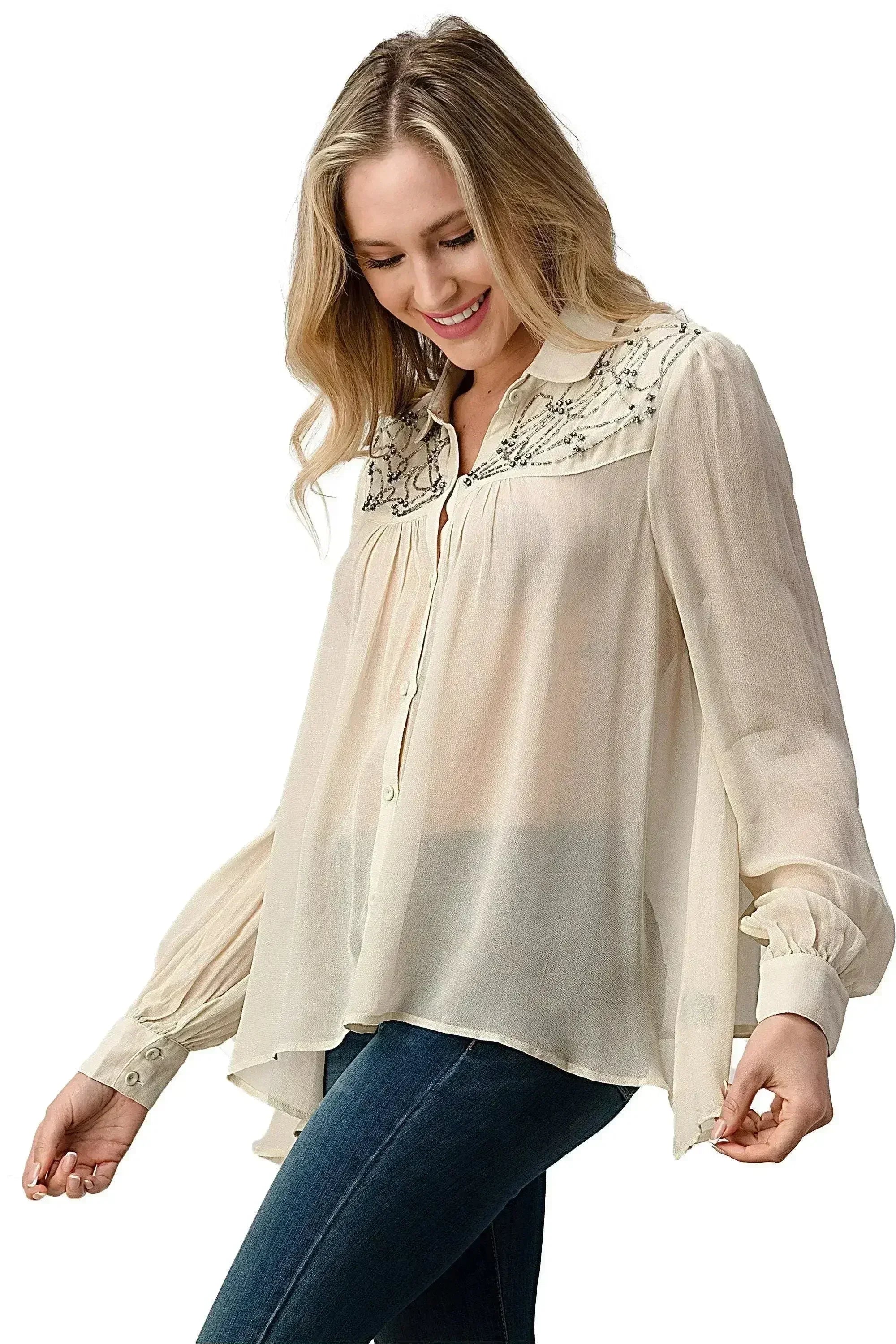 Embroidered Sheer Blouse - Beaded Jewel Trim Button-Up Top | Femstylo