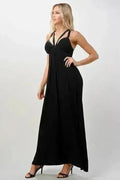 Strappy V-Neck Criss Cross Maxi Dress Flowy  - Femstylo