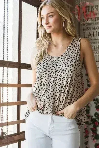 Heimish Full Size Front Button Animal Print Sleeveless Top Plus Size