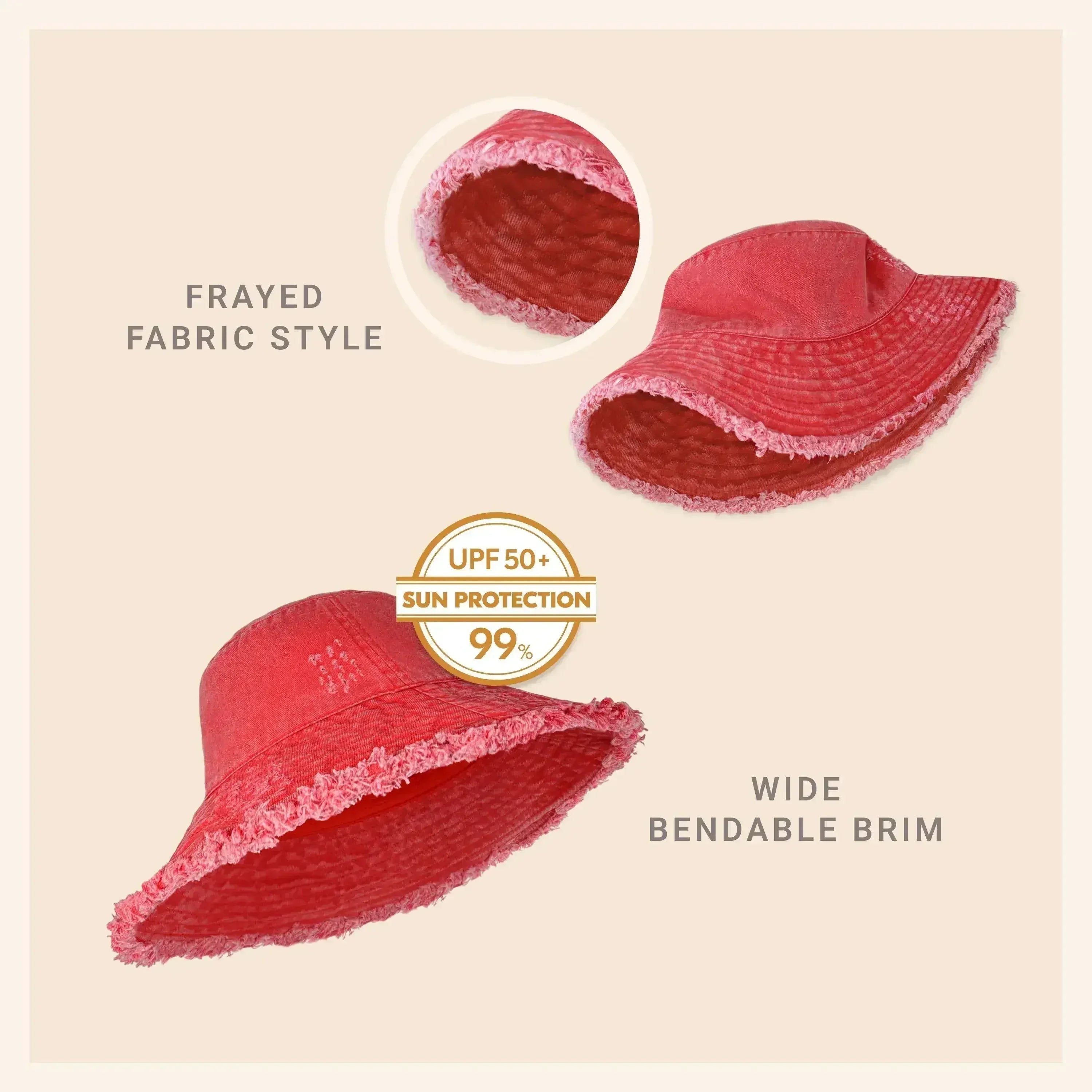 Frayed Bucket Hat - Wide Brim Cotton - UPF 50+ Sun Protection - One Size