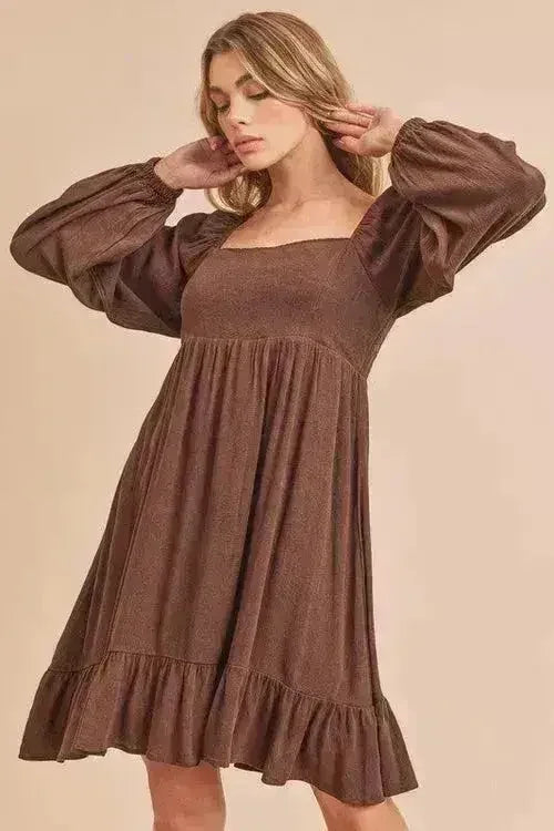 Ruffled Hem Square Neck Mini Dress | Balloon Sleeve Dress -femstylo