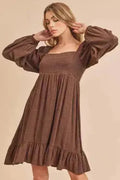 Ruffled Hem Square Neck Mini Dress | Balloon Sleeve Dress -femstylo