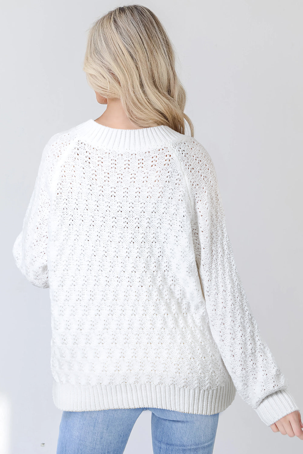 White Plain Knit Ribbed Edge V Neck Loose Sweater - Femstylo