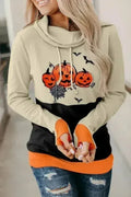 Cowl Neck Pumpkin Print Color Block Halloween Sweatshirt