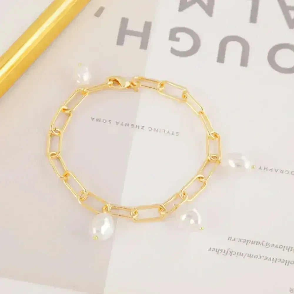 Gold Link Bracelet with Faux Pearls – Elegant Women's Jewelry