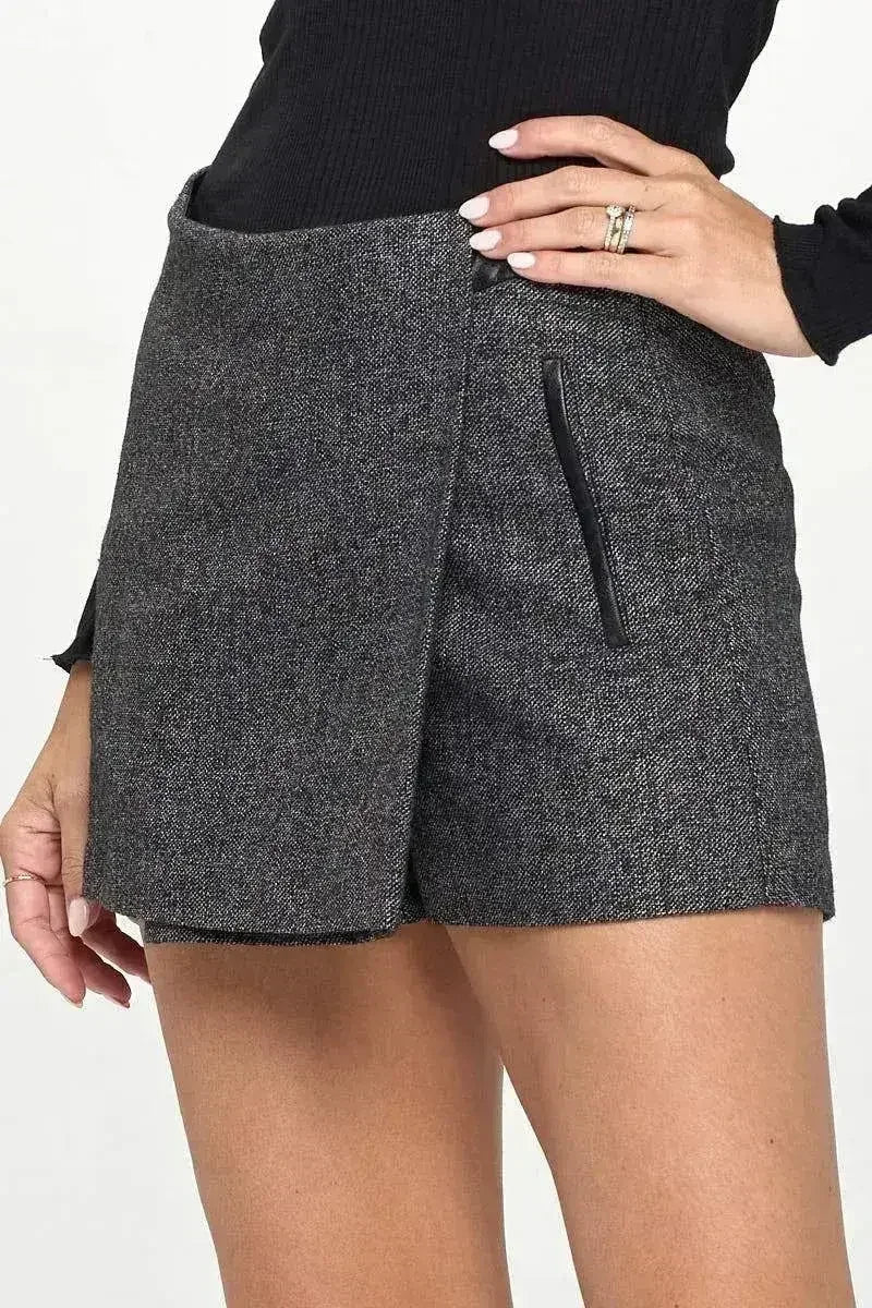 Faux Leather Trim Wrap Mini Skirt - Asymmetrical Style | Femstylo