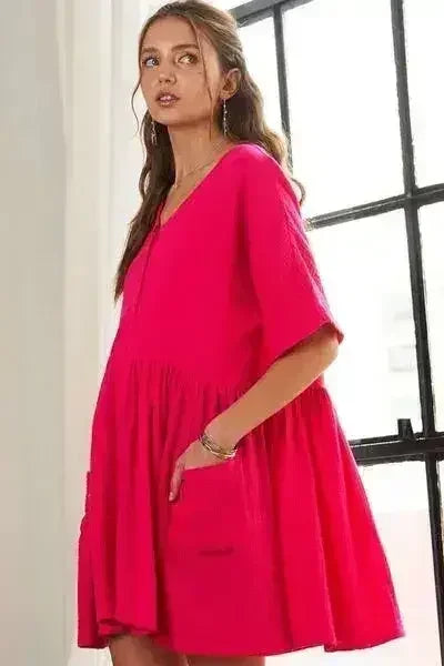 ADORA V-Neck Half Sleeve Dress with Pockets | Femstylo