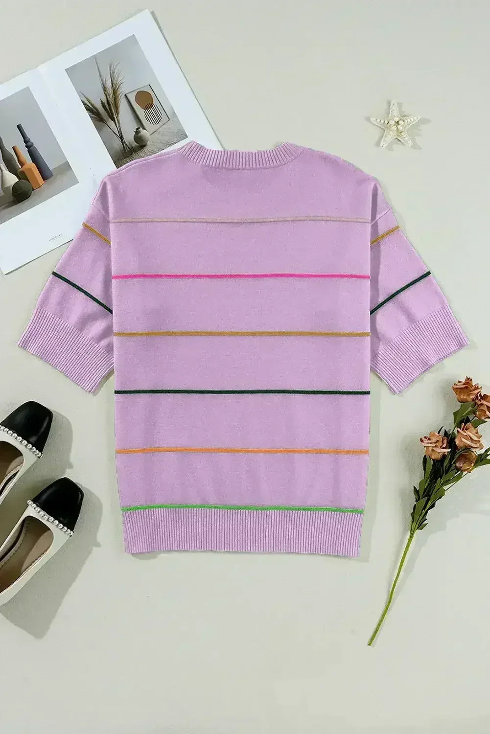 White Striped Half Sleeve Drop Shoulder Sweater