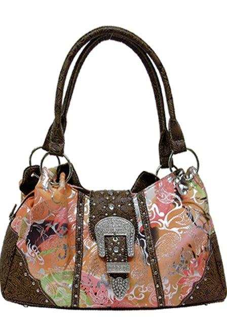 Texas Leather Floral Print Handbag – Tooled Trim & Gun Pocket | Brown