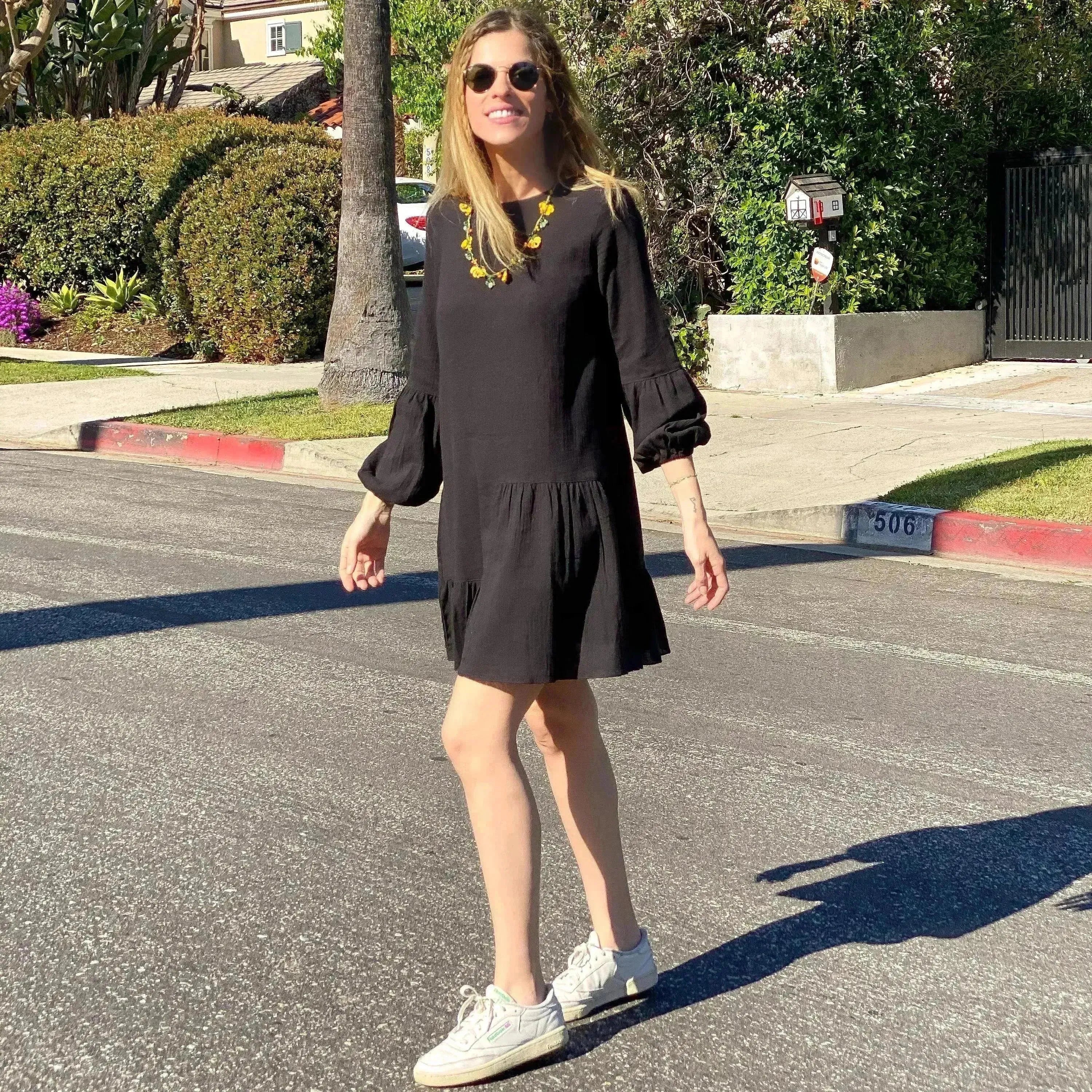 Gaia Black Mini Dress | Puffed Sleeves | Tiered Ruffles